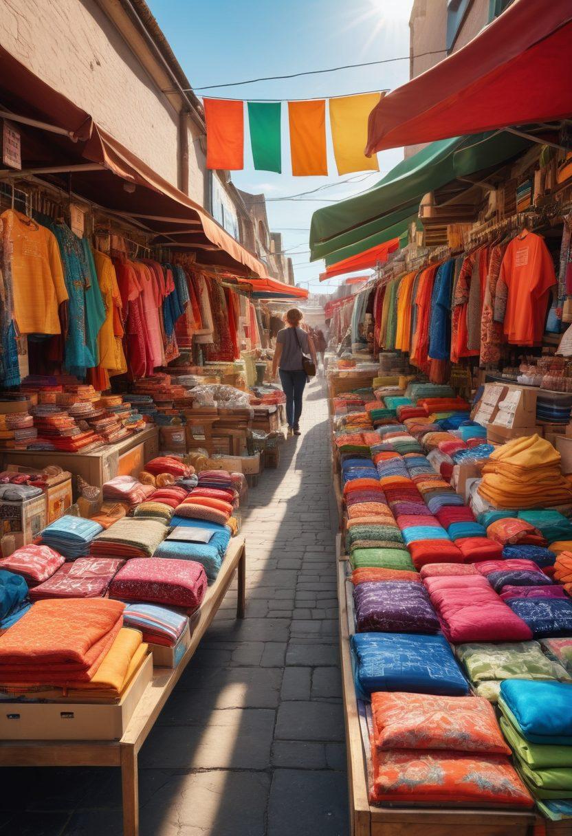 A vibrant marketplace scene showcasing a variety of colorful wholesale goods, including textiles, electronics, and groceries, abundant with bargain signs. Place a savvy shopper in the foreground comparing prices and holding a calculator, while dynamic pricing tags animate around them. The atmosphere should exude excitement and opportunity for profit, with the sun shining brightly overhead. super-realistic. vibrant colors.